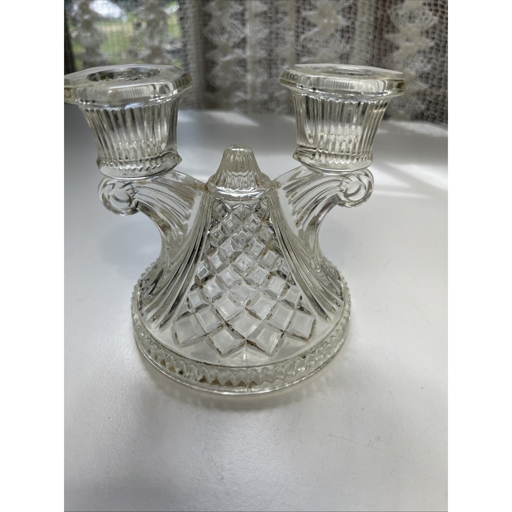 Glass Double Candle Holder Art Deco Depression Era - Picture 4 of 6